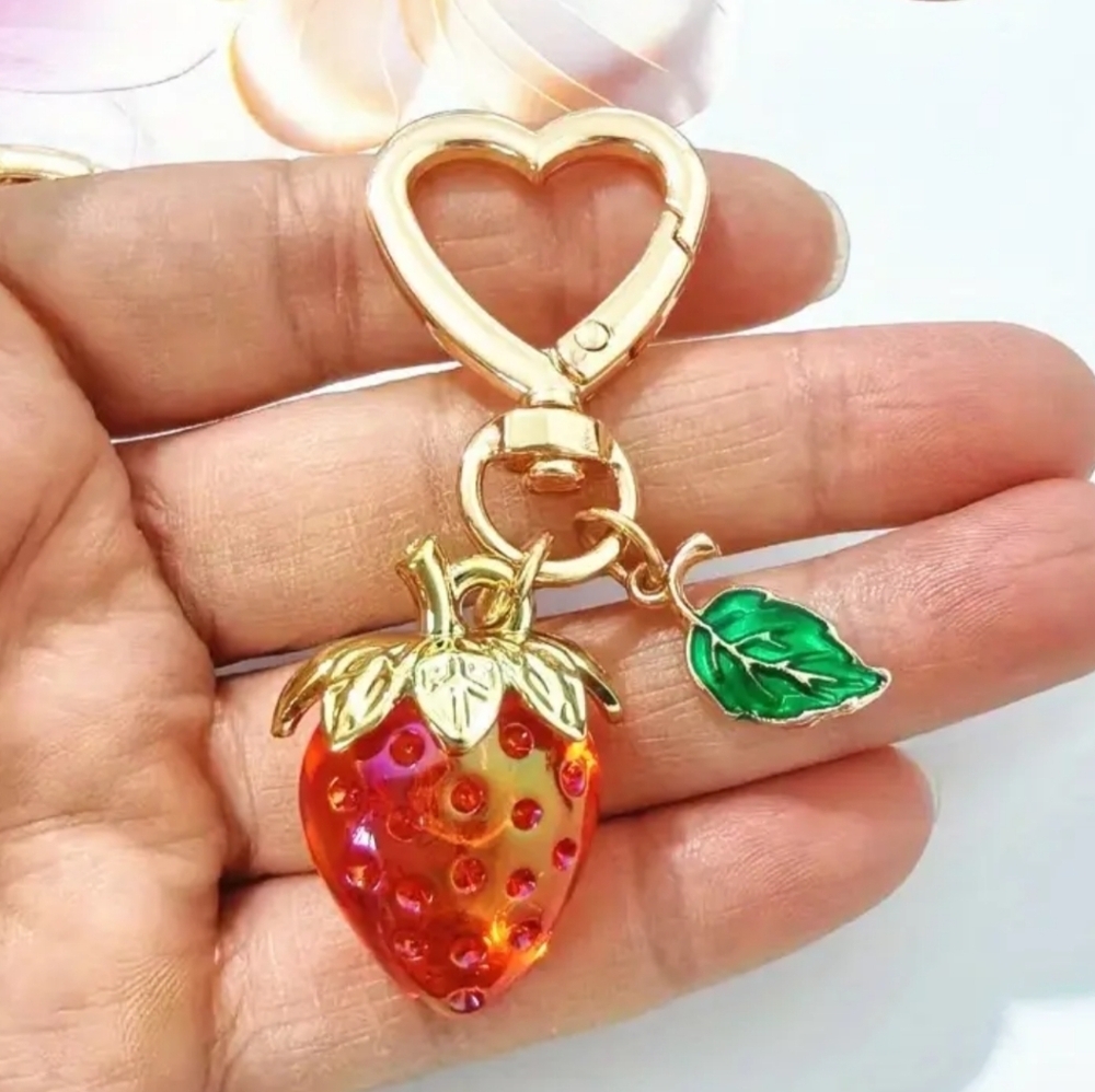 Strawberry Bag Charm Keychain Gold Heart Clasp